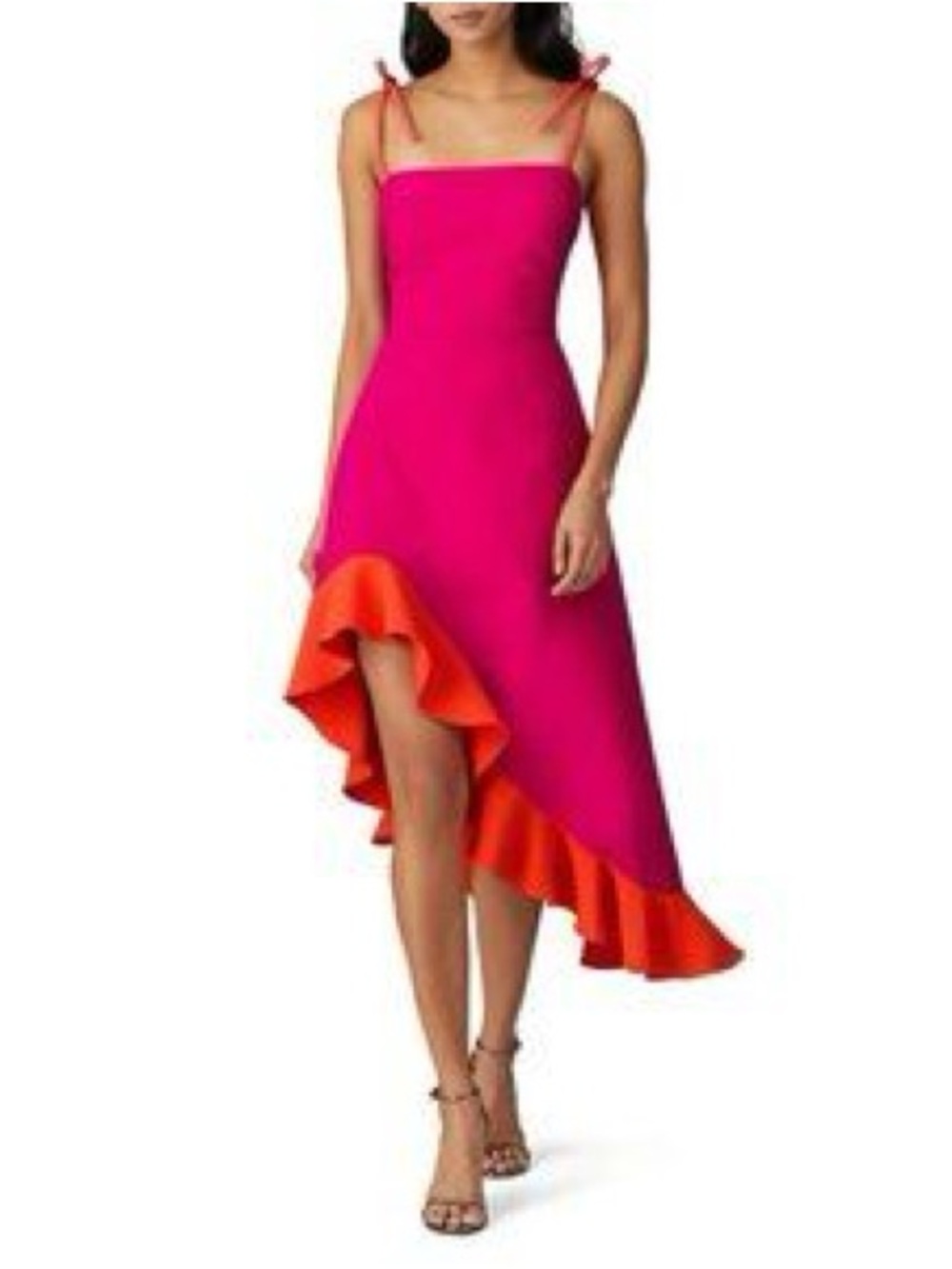 Christian Siriano Hot Pink High-Low Ruffle Dress with Orange Trim